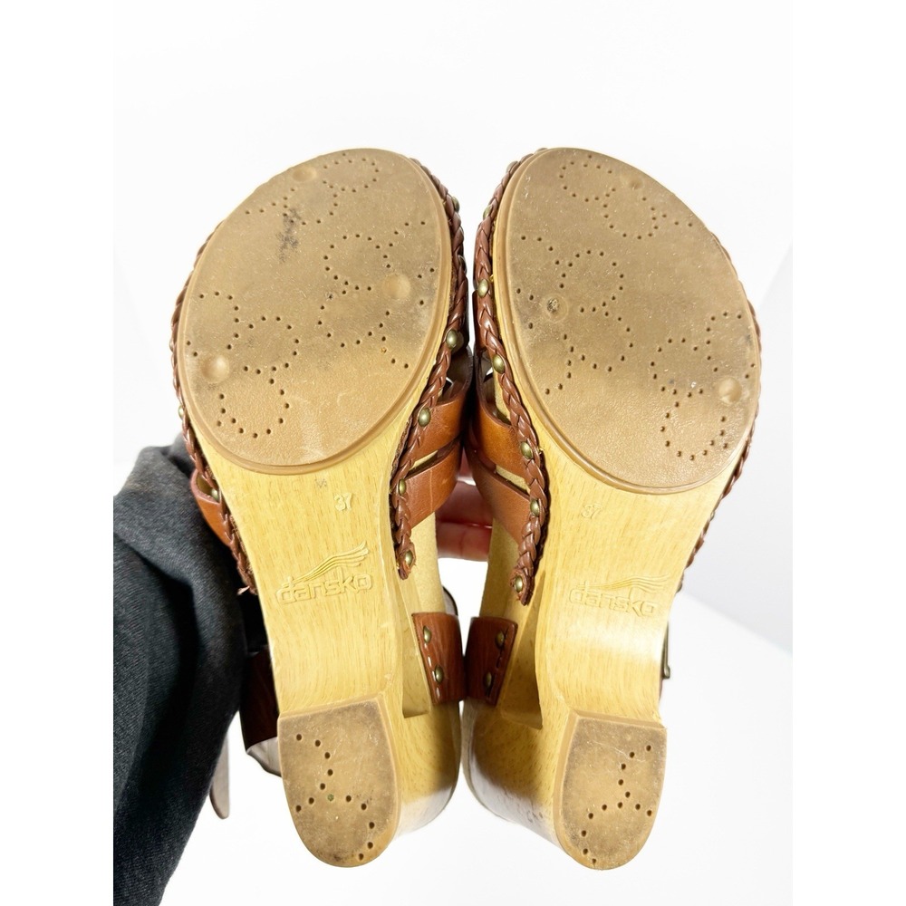 Dansko Strappy Leather Sandals Wood Wedge Heel Ankle Buckle Brown Comfort 37/7 - Picture 6 of 16